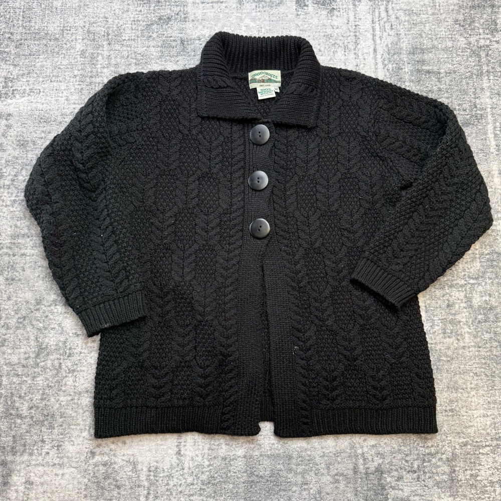 Aran Crafts Sweater Womens Medium Black Three Button Cardigan Cable Knit Ireland